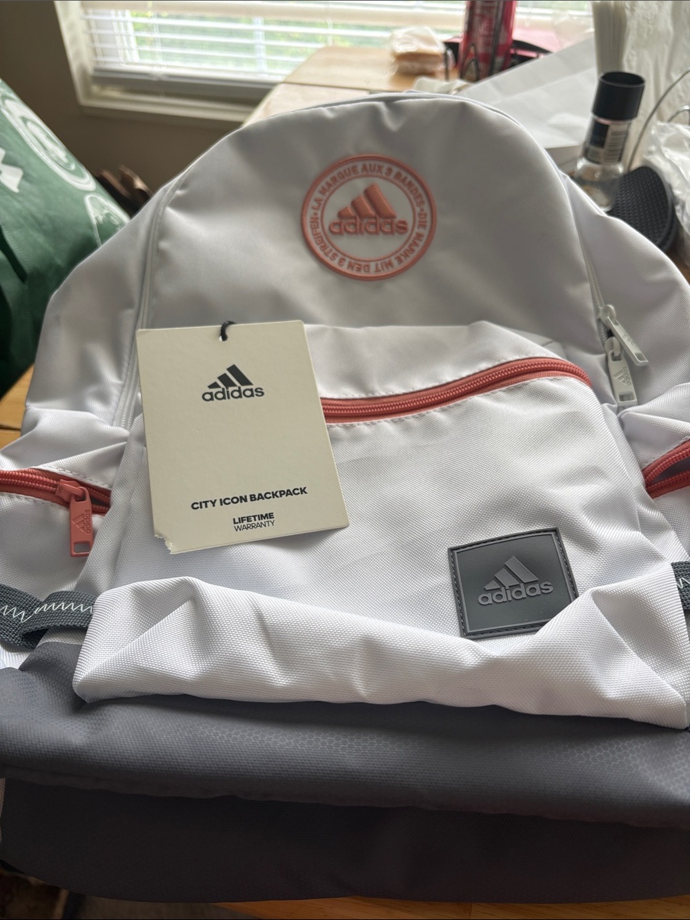 adidas White and Gray Backpack with Pink Zippers